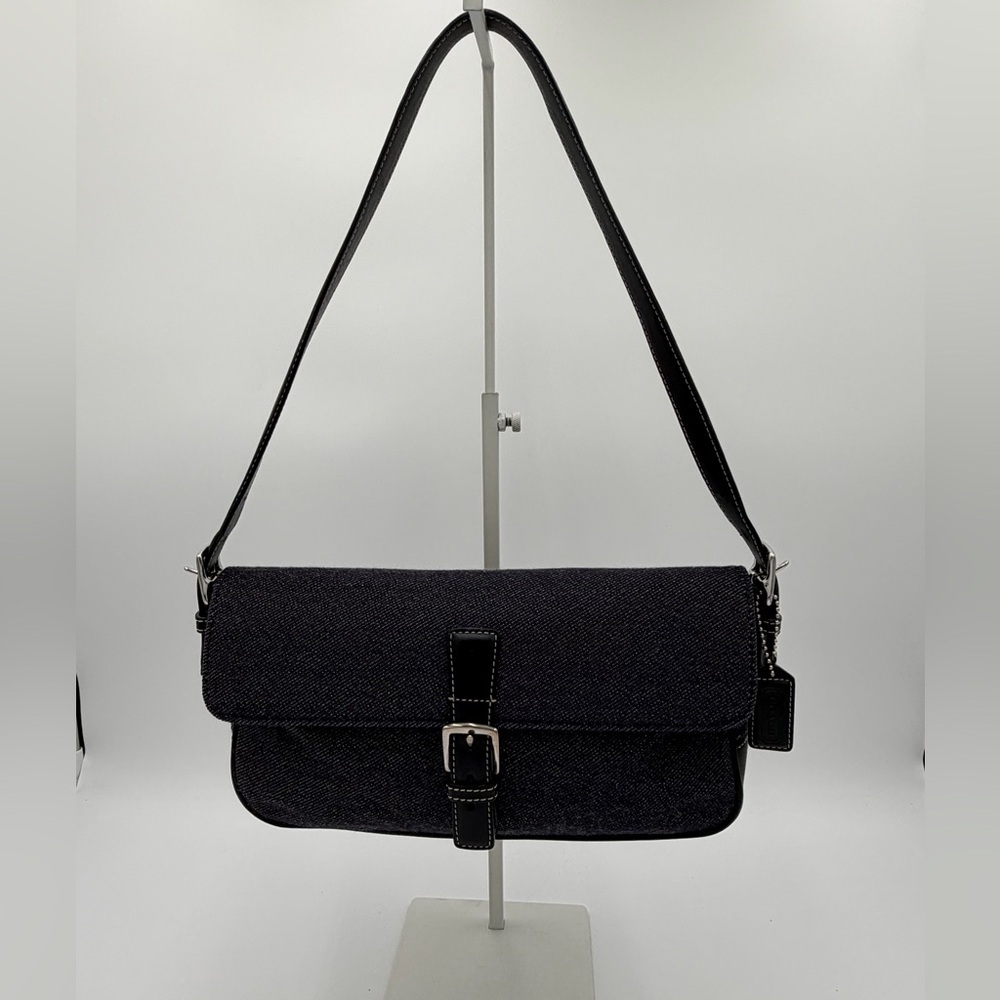 Vintage Coach E0J-7763 Black Denim Wool Flap Shoulder Bag Y2K Baguette Buckle